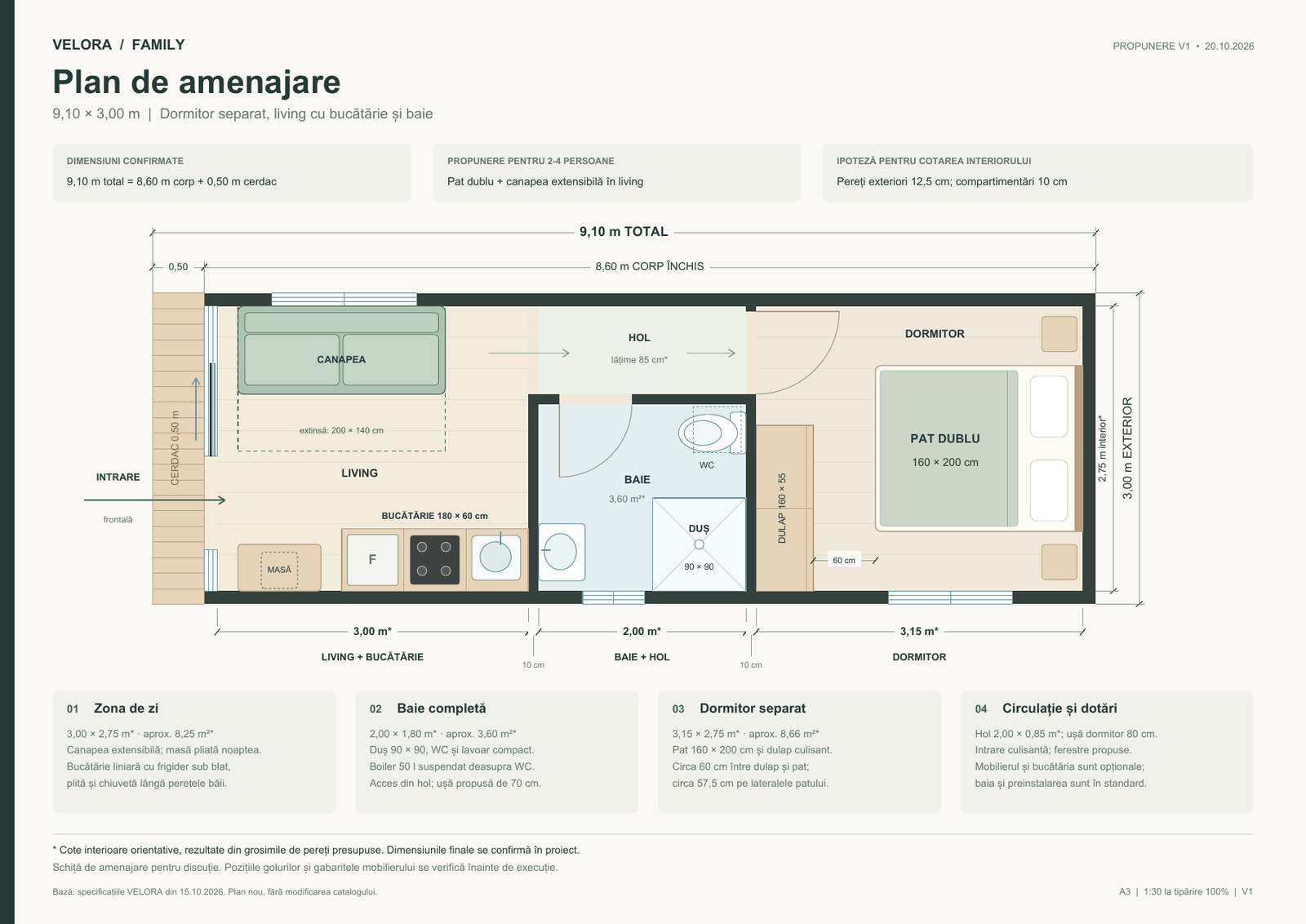 Plan Velora Family: living și bucătărie în față, baie și hol central, dormitor separat în spate